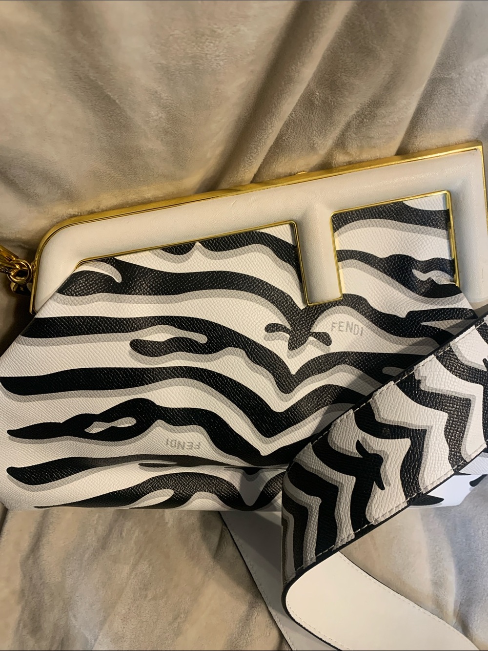 Fendi Black and White Zebra-Print Shoulder Bag with Gold Trim